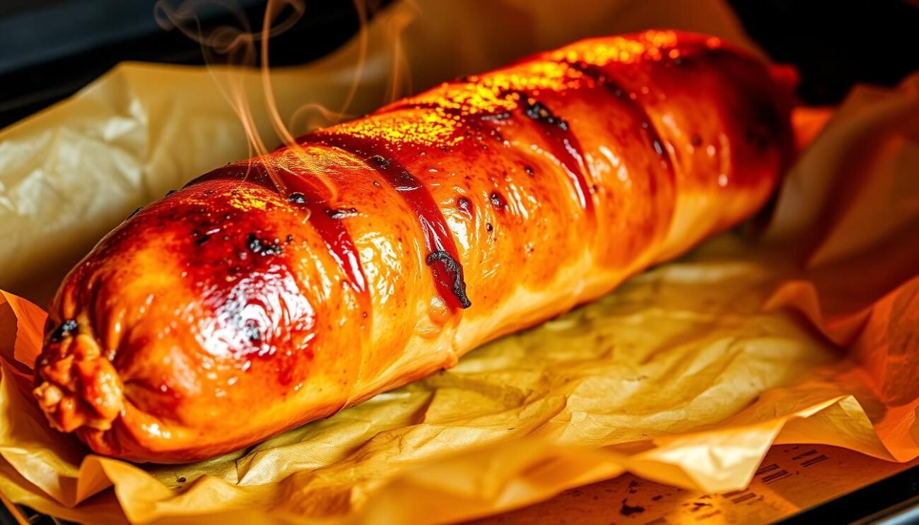 A freshly baked Pampanella Molisana, its golden-brown crust glistening in the warm oven light. The traditional Italian pork sausage, seasoned with aromatic spices, lies nestled on a bed of crisp, lightly charred parchment paper. Wisps of fragrant steam rise from the sizzling meat, hinting at the rich, savory flavors within. The image captures the rustic beauty and inviting aroma of this regional delicacy, ready to be sliced and enjoyed as the centerpiece of a hearty, homemade meal.