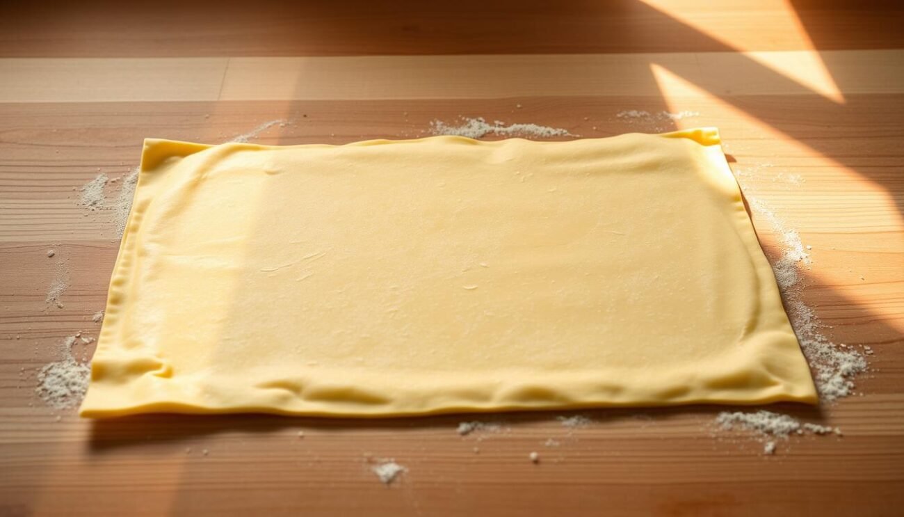 A freshly rolled sheet of homemade lasagna dough, delicately golden and glistening, rests on a clean wooden surface. The dough's silky texture is evident, with a subtle sheen that suggests its pliability. Beams of soft, natural light gently illuminate the scene, casting a warm, inviting glow. The dough's edges are neatly trimmed, revealing its even thickness, ready to be cut into perfect lasagna noodles. The composition is centered, allowing the viewer to fully appreciate the craftsmanship and care put into this essential component of the classic Bolognese lasagna.