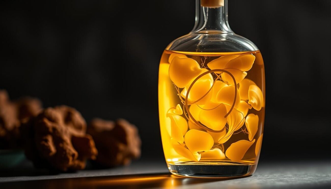 A glass bottle filled with a golden-hued liquid, capturing the essence of the coveted White Truffle from the Langhe region. Soft lighting illuminates the bottle, casting a warm glow and highlighting the intricate swirls and patterns within the liquid. The bottle's elegant, minimalist design exudes a sense of refinement and exclusivity, hinting at the precious nature of the infusion within. The overall scene evokes a mood of sophistication, indulgence, and a celebration of the region's culinary treasures. A glass bottle filled with a golden-hued liquid, capturing the essence of the coveted White Truffle from the Langhe region. Soft lighting illuminates the bottle, casting a warm glow and highlighting the intricate swirls and patterns within the liquid. The bottle's elegant, minimalist design exudes a sense of refinement and exclusivity, hinting at the precious nature of the infusion within. The overall scene evokes a mood of sophistication, indulgence, and a celebration of the region's culinary treasures.