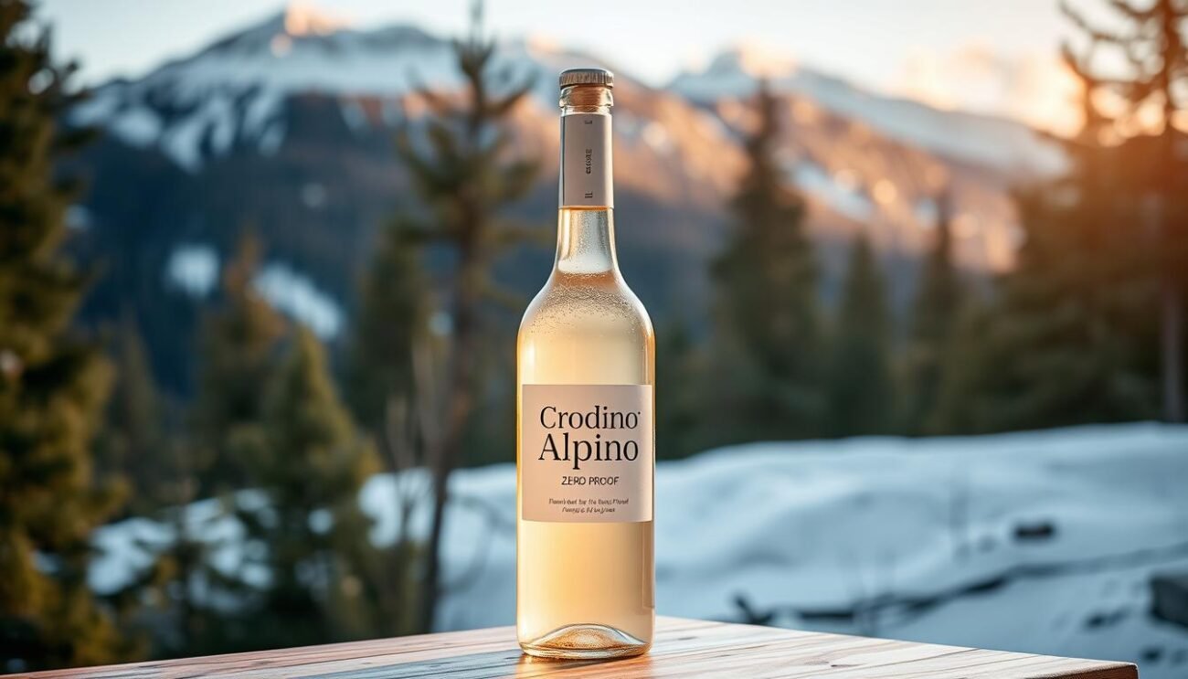 A glass bottle filled with a pale yellow liquid, standing on a wooden surface against a backdrop of pine trees and snow-capped mountains. The bottle's label features the words "Crodino Alpino Zero-Proof" in a clean, modern font. The lighting is soft and warm, casting a gentle glow on the scene. The composition is balanced, with the bottle in the foreground and the natural landscape in the middle and background, creating a cozy, alpine atmosphere.