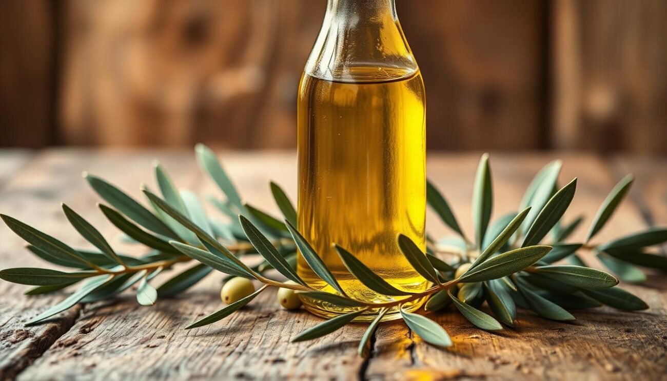 A glass bottle filled with golden, glistening extra virgin olive oil stands prominently on a rustic wooden table. The oil's vibrant hue and viscous texture suggest its high quality. Surrounding the bottle are sprigs of fresh green olive leaves, adding a natural, earthy touch. The scene is illuminated by warm, diffused lighting, casting a soft, inviting glow on the organic, unprocessed appearance of the olive oil. The overall composition evokes the traditional, artisanal production methods and the rich history of olive oil cultivation in the Umbria region of Italy.