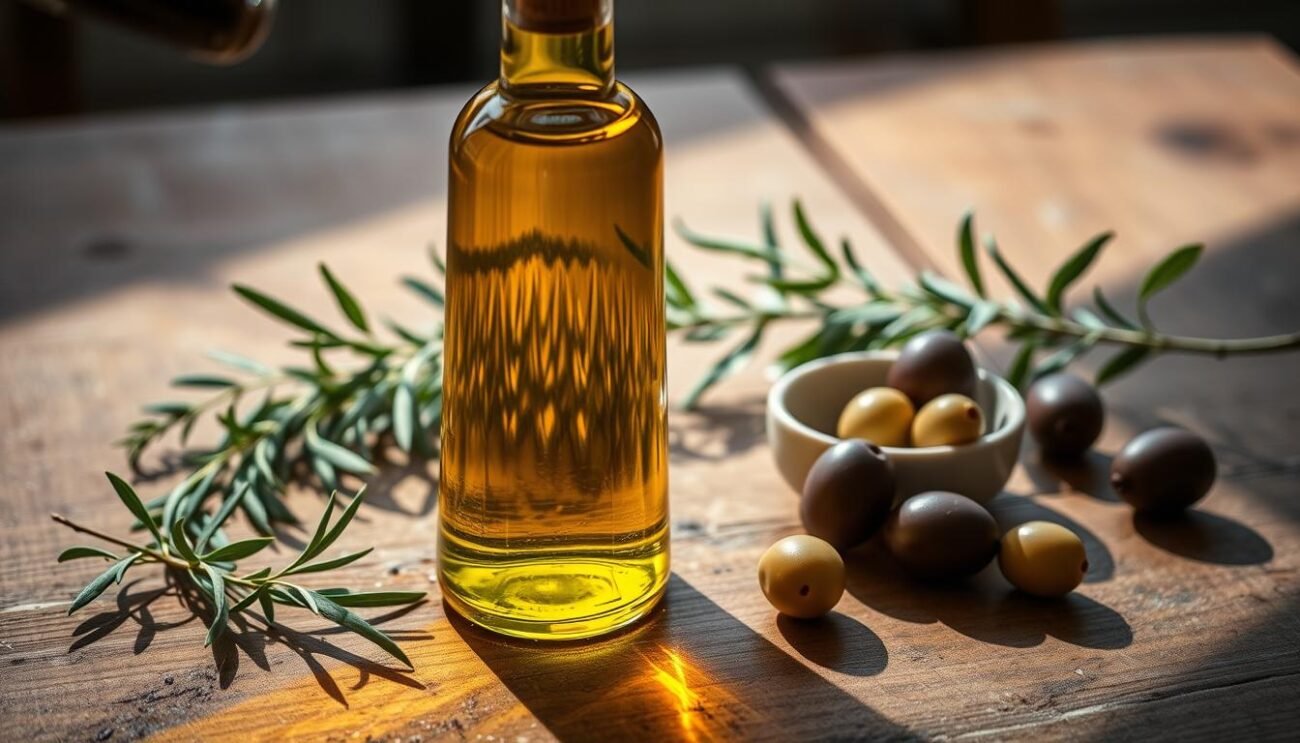A glass bottle filled with rich, golden-green extra virgin olive oil sits on a rustic wooden table, surrounded by fresh herbs, olives, and a small ceramic dish. The lighting is soft and natural, casting warm shadows and highlights that accentuate the oil's vibrant color and viscosity. The composition is balanced and inviting, capturing the essence of high-quality Ligurian olive oil in a simple, elegant manner. A glass bottle filled with rich, golden-green extra virgin olive oil sits on a rustic wooden table, surrounded by fresh herbs, olives, and a small ceramic dish. The lighting is soft and natural, casting warm shadows and highlights that accentuate the oil's vibrant color and viscosity. The composition is balanced and inviting, capturing the essence of high-quality Ligurian olive oil in a simple, elegant manner.