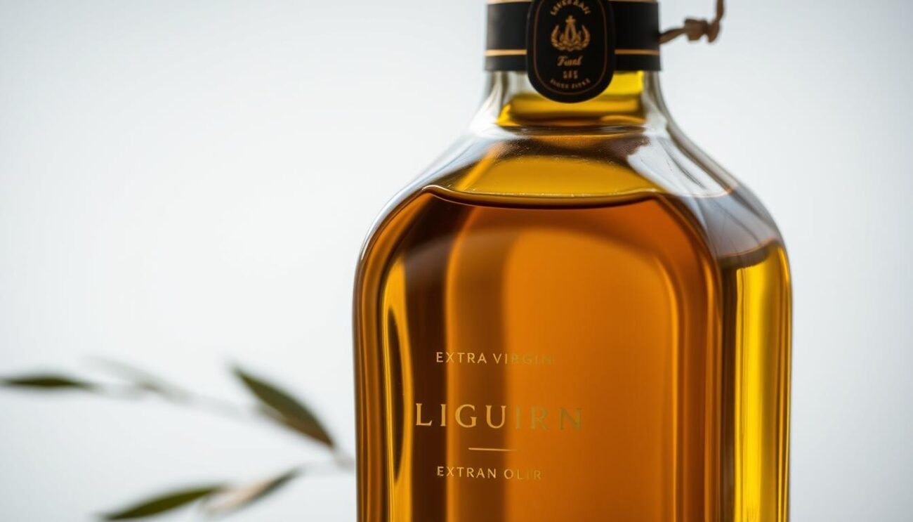 A glass bottle filled with rich, golden-hued extra virgin olive oil from the Ligurian region, capturing the essence of the local terroir. The bottle's elegant design and label evoke the coastal landscape, with subtle hints of the Mediterranean sun, sea, and olive groves. The image is captured in soft, natural lighting, emphasizing the oil's vibrant color and viscosity, inviting the viewer to imagine the flavors and aromas of this artisanal Ligurian delicacy. A glass bottle filled with rich, golden-hued extra virgin olive oil from the Ligurian region, capturing the essence of the local terroir. The bottle's elegant design and label evoke the coastal landscape, with subtle hints of the Mediterranean sun, sea, and olive groves. The image is captured in soft, natural lighting, emphasizing the oil's vibrant color and viscosity, inviting the viewer to imagine the flavors and aromas of this artisanal Ligurian delicacy.