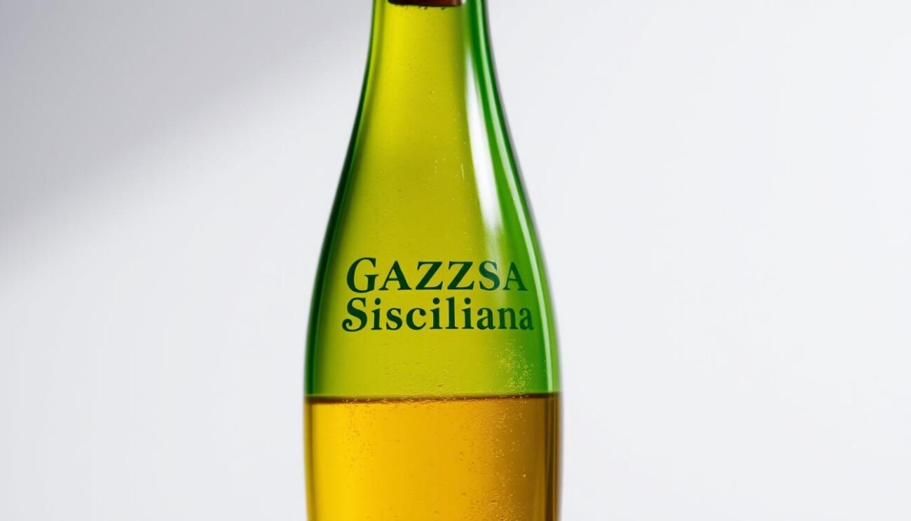 A glass bottle of Gazzosa Siciliana, a traditional Sicilian sparkling beverage made from natural citrus essences and carbonated water. The bottle has a classic green-tinted glass design, highlighted by the golden-yellow liquid within. Soft, diffused lighting casts gentle shadows, emphasizing the bottle's elegant shape and curves. The scene is set against a subtly blurred background, allowing the beverage container to take center stage as the focal point. This image perfectly captures the essence of the "Formati e Confezioni Disponibili" section, showcasing the traditional and authentic presentation of this beloved Sicilian refreshment.