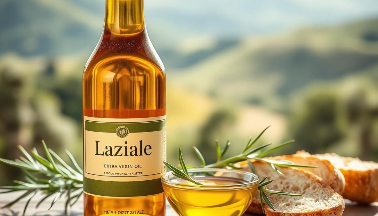 A glass bottle of extra virgin olive oil from the Lazio region, its amber hue glistening under natural lighting. The bottle's label prominently features the word "Laziale", highlighting its provenance. The olive oil is poured into a small dish, revealing its rich, viscous texture. Surrounding the dish are sprigs of fresh rosemary and slices of artisanal bread, evoking the rustic Italian culinary tradition. In the background, a soft, blurred image of rolling Lazio hillsides with olive groves creates a serene, pastoral atmosphere. The overall composition conveys the quality, craftsmanship, and regional character of this "Olio di Oliva Lazio".