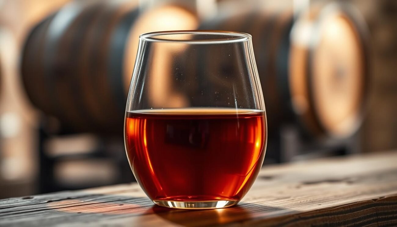 A glass container filled with a golden-amber liquid, resting on a wooden surface. The grappa riserva affinamento liquid within appears to have a rich, complex aroma, with hints of oak and subtle caramelized notes. The container is illuminated by a soft, warm light, casting gentle shadows that accentuate the depth and texture of the glass. In the background, a blurred, hazy scene evokes the atmosphere of an Italian distillery, with the faint outline of aging barrels or casks visible. The overall composition conveys a sense of sophistication, tradition, and the meticulous craftsmanship involved in the production of this premium grappa.