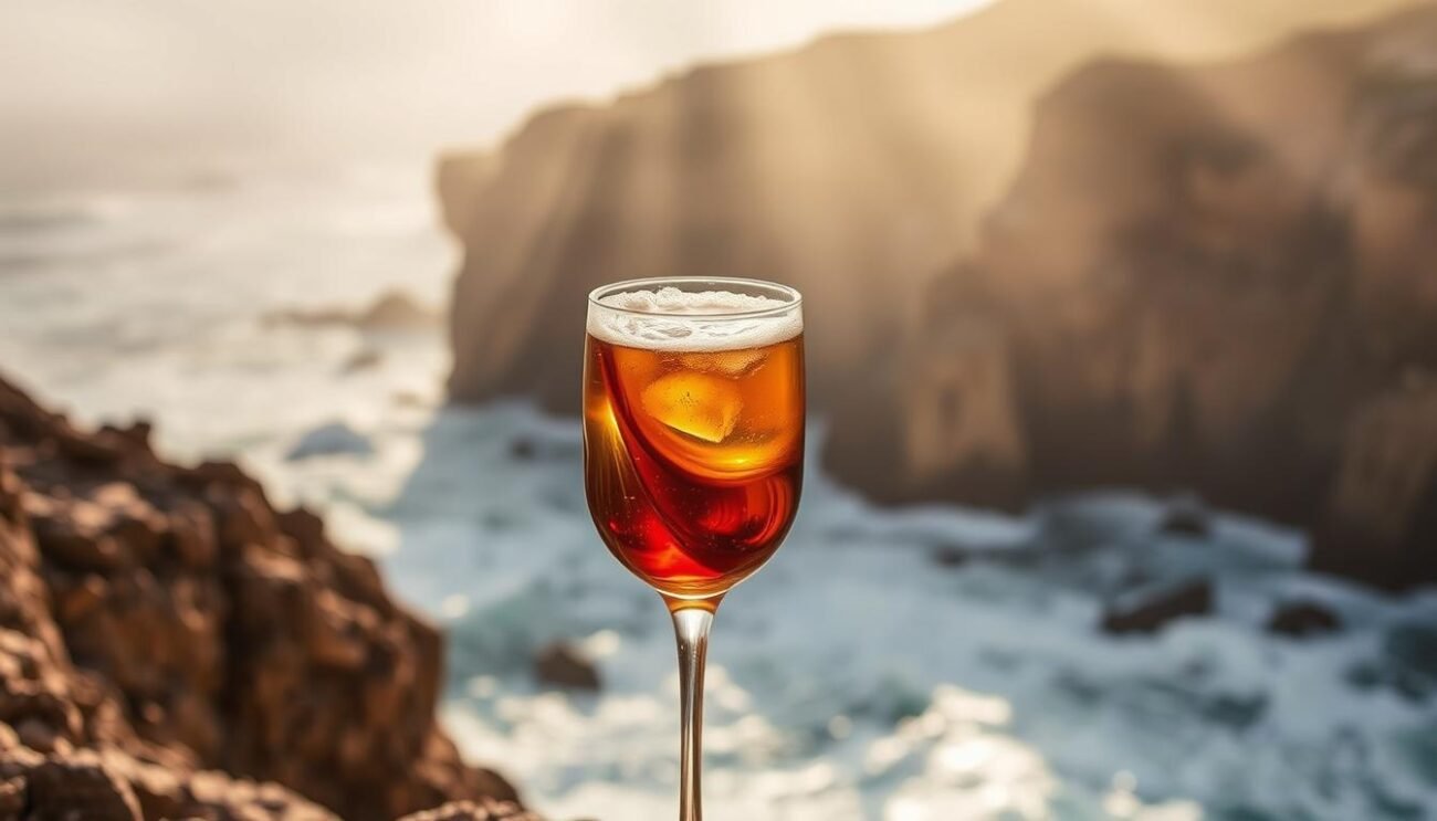 A glass filled with a deep, amber-hued liquor, gently swirling as it catches the soft light. Atop, a delicate crown of sea foam, its ephemeral bubbles dancing with each subtle movement. Set against a backdrop of rugged, weathered cliffs, the scene evokes the wild, untamed spirit of the Sardinian coast. Rays of golden sunshine filter through the misty air, illuminating the turbulent sea, its waves crashing with a rhythmic, almost musical cadence. This is the Mirto Sardo Tempesta, a captivating cocktail that captures the essence of the island's untamed beauty and the bracing power of the Tyrrhenian Sea. A glass filled with a deep, amber-hued liquor, gently swirling as it catches the soft light. Atop, a delicate crown of sea foam, its ephemeral bubbles dancing with each subtle movement. Set against a backdrop of rugged, weathered cliffs, the scene evokes the wild, untamed spirit of the Sardinian coast. Rays of golden sunshine filter through the misty air, illuminating the turbulent sea, its waves crashing with a rhythmic, almost musical cadence. This is the Mirto Sardo Tempesta, a captivating cocktail that captures the essence of the island's untamed beauty and the bracing power of the Tyrrhenian Sea.