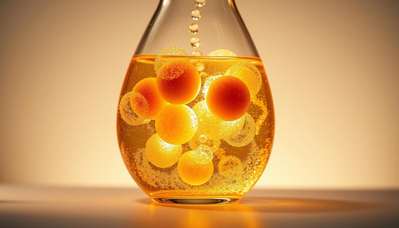 A glass laboratory apparatus filled with a fizzing, golden-hued liquid, capturing the essence of the Bellini Molecolare cocktail. The liquid swirls and bubbles, frozen in a moment of alchemical transformation, as peach spheres suspended in the effervescent Prosecco dance gracefully. Soft, warm lighting illuminates the scene, casting a gentle glow and creating an atmosphere of artisanal mixology. The composition is balanced, with the glassware taking center stage, surrounded by a minimalist, neutral background to showcase the captivating molecular gastronomy process.