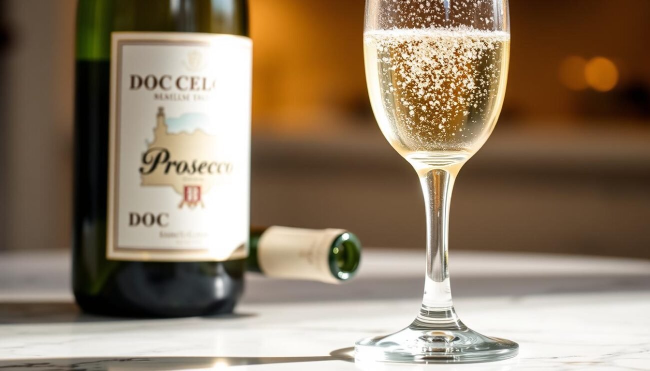 A glass of sparkling Prosecco DOCG stands elegantly on a marble surface, its crisp, effervescent bubbles glistening under soft, warm lighting. Nearby, a DOC bottle rests, its label featuring a subtle, traditional design. The contrasting glassware and bottles highlight the distinct visual identities of these two Prosecco appellations. The scene is captured in a low-angle perspective, emphasizing the refined, premium nature of the DOCG variant. The image conveys a sense of sophistication and the nuanced differences between the two Prosecco designations.