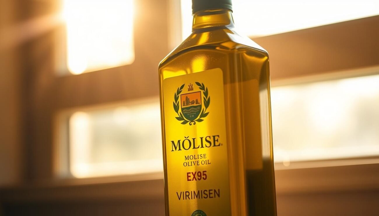 A gleaming bottle of extra virgin olive oil, its label proudly displaying the Molise region's crest. The oil's deep golden hue reflects the warm Mediterranean sunlight filtering through a window, casting a soft, golden glow across the scene. The bottle's elegant shape and minimalist design evoke a sense of artisanal craftsmanship, while the olive leaves accenting the label hint at the natural, untamed beauty of the Molise countryside. The overall composition conveys the essence of this exceptional, locally-sourced olive oil - its rich, complex flavors and the pastoral traditions that have shaped its production for generations. A gleaming bottle of extra virgin olive oil, its label proudly displaying the Molise region's crest. The oil's deep golden hue reflects the warm Mediterranean sunlight filtering through a window, casting a soft, golden glow across the scene. The bottle's elegant shape and minimalist design evoke a sense of artisanal craftsmanship, while the olive leaves accenting the label hint at the natural, untamed beauty of the Molise countryside. The overall composition conveys the essence of this exceptional, locally-sourced olive oil - its rich, complex flavors and the pastoral traditions that have shaped its production for generations.