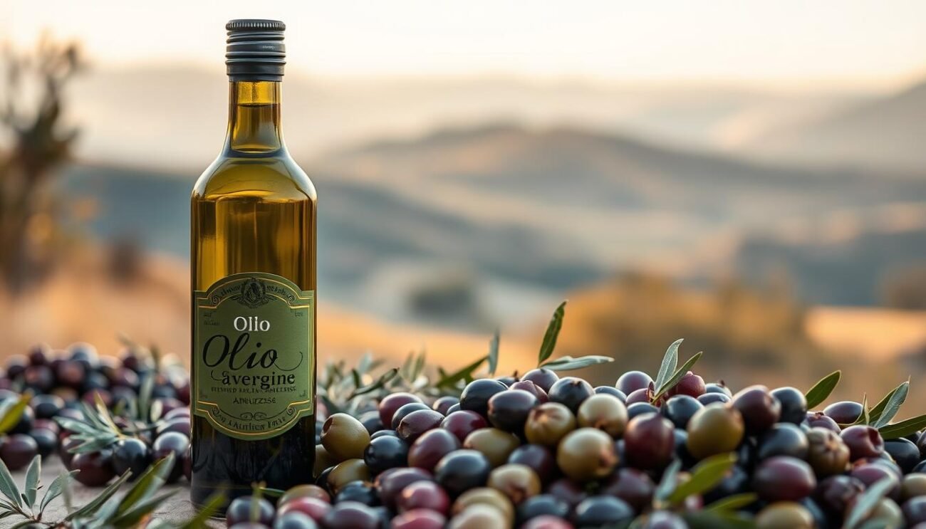 A gleaming bottle of "olio extra vergine di oliva Abruzzese" stands prominently in the foreground, its label showcasing the rich olive green hues and intricate typography. In the middle ground, an array of freshly picked olives, their deep purple and green tones, are meticulously arranged, evoking the essence of the Abruzzo region. The background features a soft, blurred landscape of rolling hills and distant mountains, bathed in a warm, golden light, capturing the tranquil and picturesque setting where this exceptional olive oil is produced. The overall composition exudes a sense of artisanal craftsmanship, quality, and the harmonious relationship between the land, the olive trees, and the resulting extra virgin olive oil.