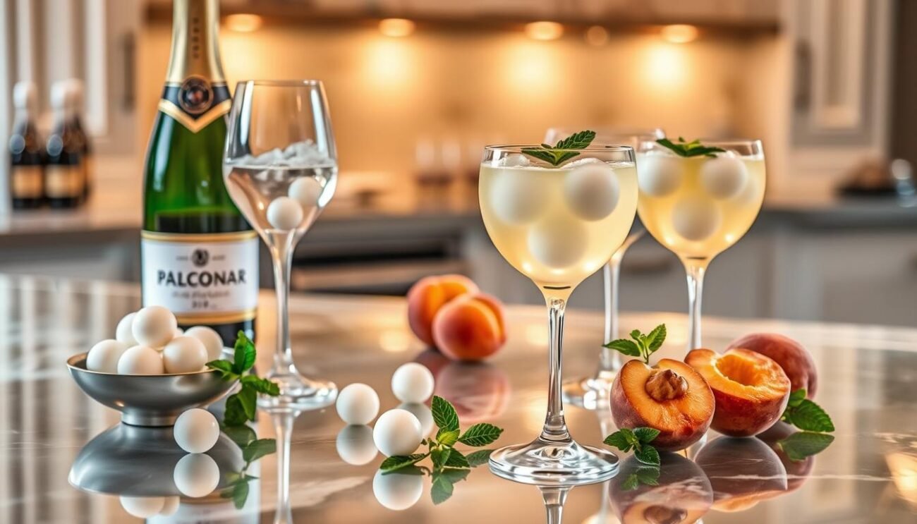 A gleaming glass countertop holds an array of ingredients for the Bellini Molecolare cocktail - delicate white peach spheres, chilled Prosecco, and garnishes of fresh mint. Soft lighting from above casts a warm glow, highlighting the elegant stemware and the molecular gastronomy techniques used to create this Venetian delight. The scene evokes a sense of refined sophistication, capturing the essence of this innovative take on a classic Italian aperitif.