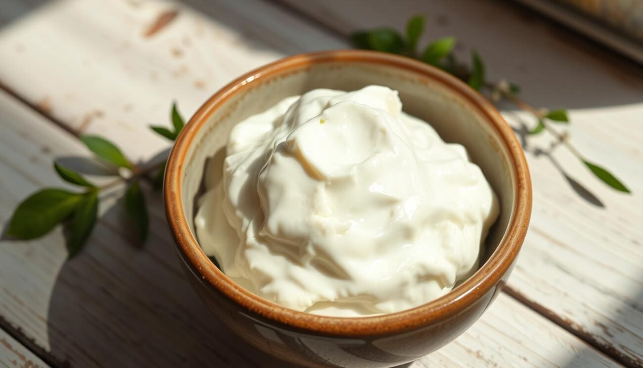 A glossy, fresh ricotta cheese nestled in a ceramic bowl. Its creamy white texture glistens under soft, natural lighting, casting gentle shadows. The ricotta's surface is smooth and inviting, with a slight sheen that accentuates its freshness. The bowl is placed on a simple, rustic wooden table, surrounded by a few sprigs of fresh herbs, perhaps basil or thyme, hinting at the ingredient's versatility. The mood is serene and appetizing, capturing the essence of "ricotta fresca" - a light, protein-rich dairy product that is a staple in Italian cuisine.