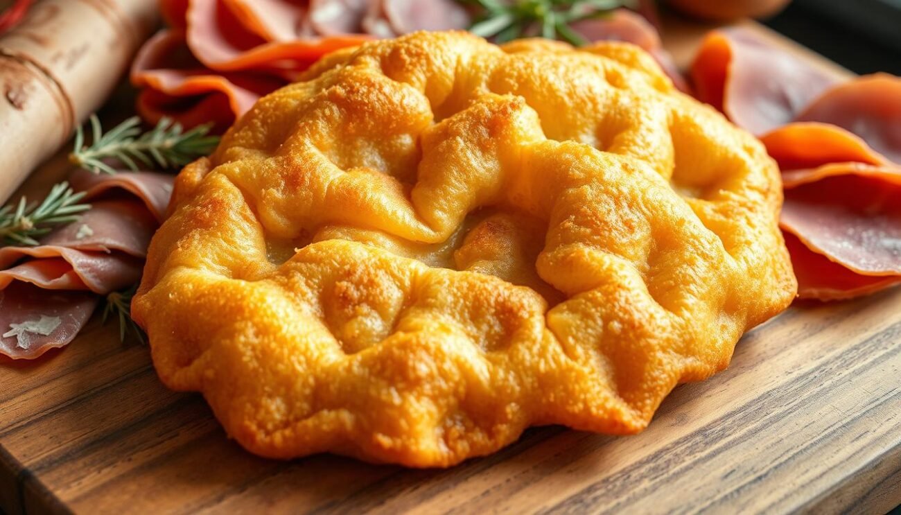 A golden-brown, freshly fried gnocco fritto, crisp on the outside and soft within, presented on a rustic wooden board. The gnocco is surrounded by an array of artisanal cured meats, such as prosciutto and salami, creating a mouthwatering still life. Soft, natural lighting from the side highlights the delicate texture of the fried dough and the rich colors of the accompanying ingredients. The scene conveys the comforting and convivial atmosphere of a classic Italian antipasto spread, ready to be savored with friends and family. A golden-brown, freshly fried gnocco fritto, crisp on the outside and soft within, presented on a rustic wooden board. The gnocco is surrounded by an array of artisanal cured meats, such as prosciutto and salami, creating a mouthwatering still life. Soft, natural lighting from the side highlights the delicate texture of the fried dough and the rich colors of the accompanying ingredients. The scene conveys the comforting and convivial atmosphere of a classic Italian antipasto spread, ready to be savored with friends and family.