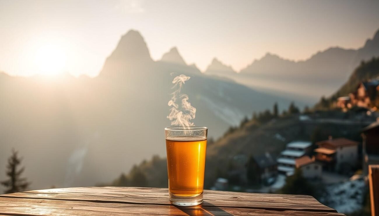 A hazy, dreamlike scene of the rugged Dolomite mountains in northern Italy, bathed in the soft, warm glow of the setting sun. In the foreground, a glass filled with a golden-hued liquid, steam rising gently, sits atop a wooden table. The middle ground features a picturesque alpine village nestled among the towering peaks, its traditional architecture and narrow streets shrouded in a light mist. The background is dominated by the majestic Dolomiti, their jagged, snow-capped silhouettes reaching towards the sky. The overall mood is one of tranquility, nostalgia, and the comforting embrace of the mountainous landscape.