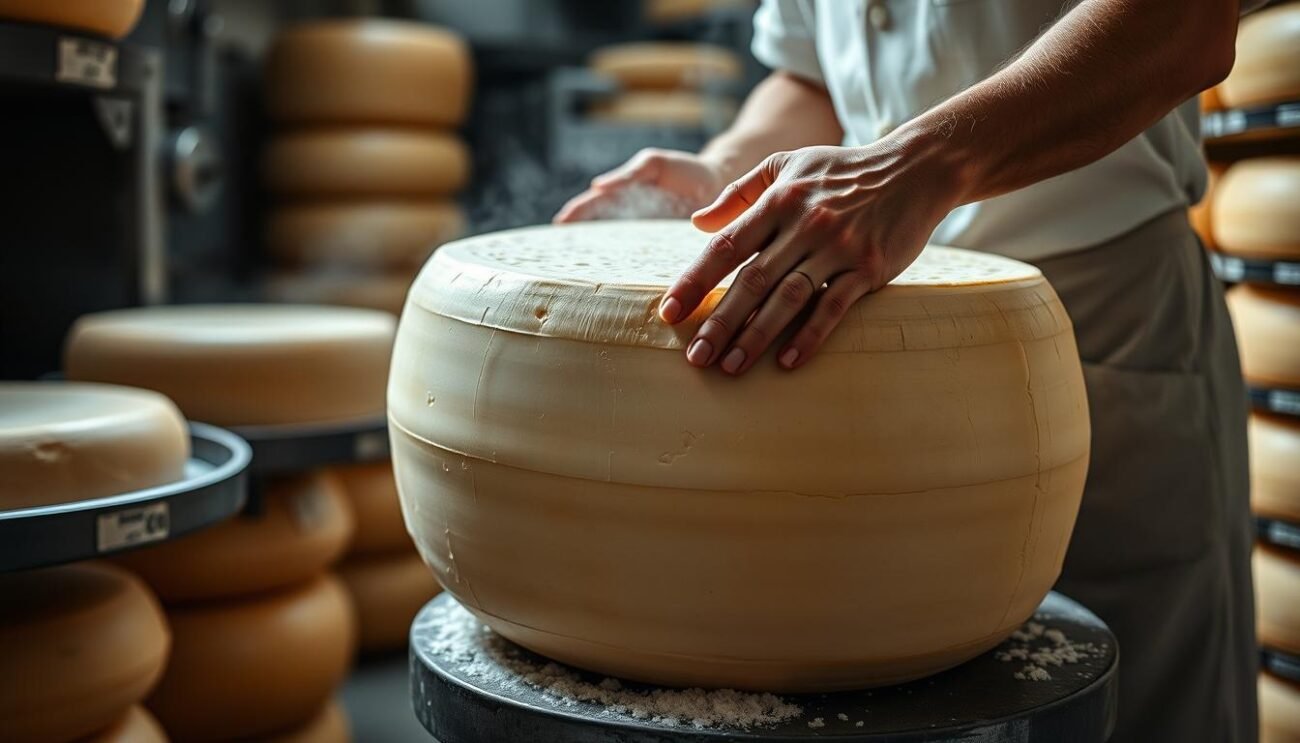 A high-quality Parmigiano Reggiano wheel being carefully crafted by a skilled cheesemaker in a traditional Italian cheesemaking facility. The scene depicts the various stages of the production process - from the initial heating and curdling of the fresh milk, to the careful shaping and salting of the massive cheese wheels. Soft natural lighting illuminates the artisan's hands as they meticulously tend to the cheese, showcasing the care and attention to detail required to create this legendary Italian specialty. The overall mood is one of craftsmanship, tradition, and the pride of producing an iconic culinary treasure. A high-quality Parmigiano Reggiano wheel being carefully crafted by a skilled cheesemaker in a traditional Italian cheesemaking facility. The scene depicts the various stages of the production process - from the initial heating and curdling of the fresh milk, to the careful shaping and salting of the massive cheese wheels. Soft natural lighting illuminates the artisan's hands as they meticulously tend to the cheese, showcasing the care and attention to detail required to create this legendary Italian specialty. The overall mood is one of craftsmanship, tradition, and the pride of producing an iconic culinary treasure.