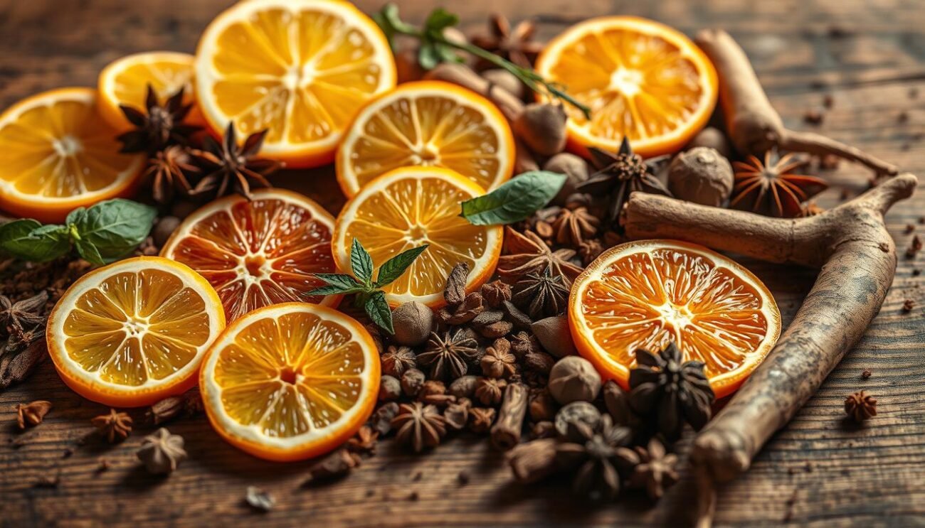 A high-quality, close-up photograph of various ingredients for the traditional Italian amaro liqueur Amaro Vulcano, including sliced citrus fruits, whole spices, aromatic herbs, and bittersweet roots, all artfully arranged on a rustic wooden surface. The ingredients are bathed in warm, golden lighting that accentuates their vibrant colors and textures, creating a sense of depth and dimension. The overall composition conveys the artisanal nature and attention to detail involved in the production of this unique amaro.