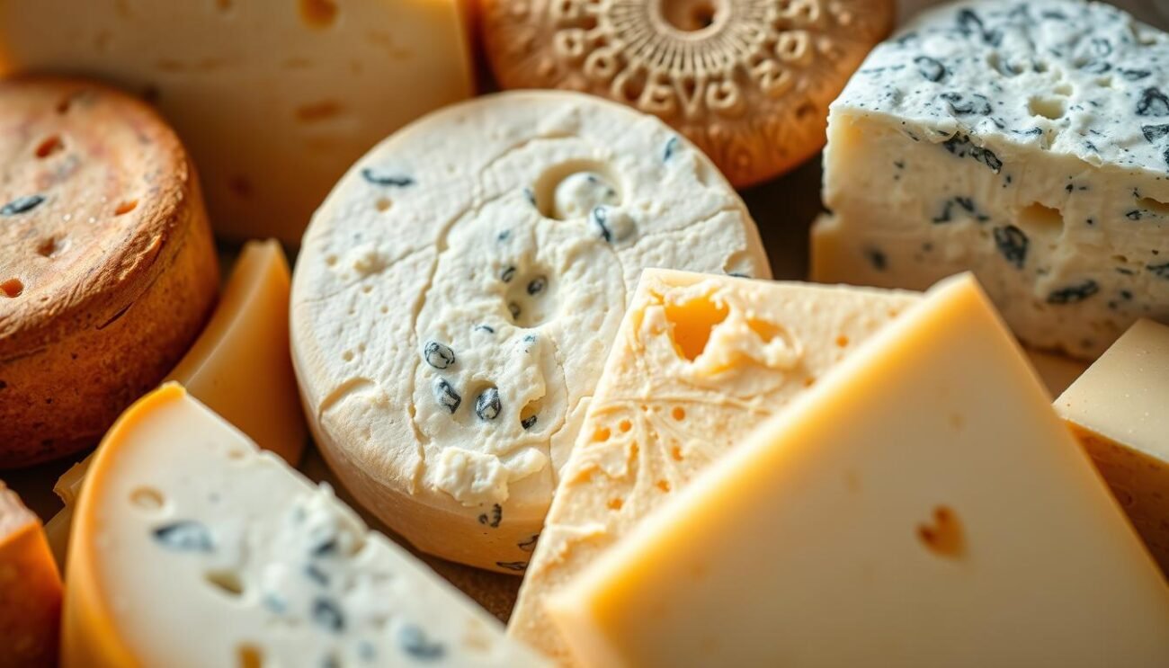 A high-quality, close-up photograph of various types of noble proteins found in Italian cheeses. The image shows a selection of different cheeses, each with a distinctive texture and color, arranged in a visually appealing composition. The lighting is soft and natural, highlighting the nuanced details of the cheese surfaces and the complex structures within. The focus is sharp, allowing the viewer to appreciate the intricate patterns and the layered, creamy appearance of the noble proteins. The overall mood is one of artisanal craftsmanship and culinary appreciation, conveying the importance of these essential nutrients for muscle health and satiety.