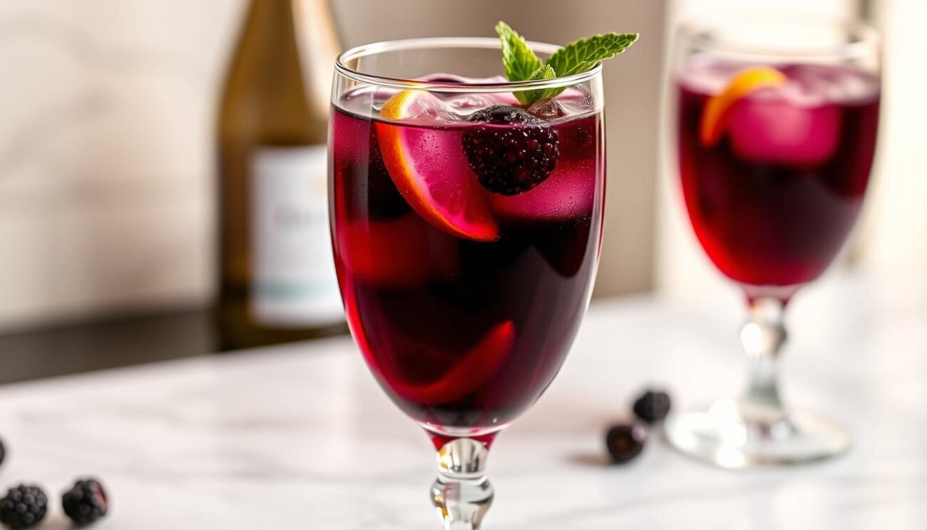 A high-quality crystal glass filled with a deep, rich purple liquid, the Rossini Nero cocktail stands elegantly on a marble countertop. Freshly squeezed blackberry puree swirls within the glass, its vibrant hue complemented by the sparkling Prosecco topping. Crisp lemon zest and a sprig of fresh mint add a delicate touch of aroma and visual interest, while the soft, diffused lighting casts a warm, inviting glow over the entire scene. The composition is balanced, the focus sharp, and the overall mood is one of sophistication and indulgence, perfectly capturing the essence of this Italian aperitif.