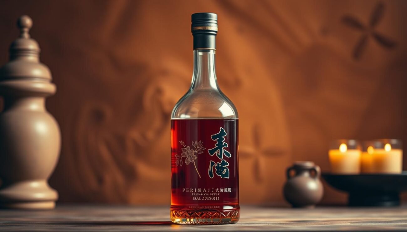 A high-quality glass bottle of premium Baijiu, the iconic Chinese distilled spirit, stands prominently against a warm, earthy backdrop. Subtle lighting highlights the bottle's intricate glass detailing and the rich, amber-colored liquid within. The scene evokes a sense of tradition and craftsmanship, capturing the essence of Baijiu's enduring cultural significance. The composition is balanced, with the bottle placed in the foreground, allowing it to take center stage. The overall mood is one of refined elegance, inviting the viewer to appreciate the unique characteristics of this time-honored beverage.