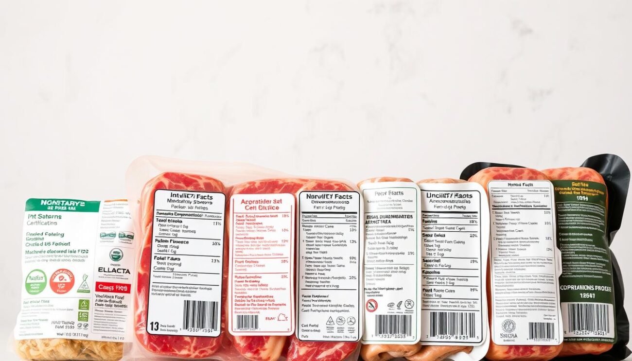A high-quality image of various meat labels and certifications, showcasing the different mandatory and optional information found on Italian meat packaging. The labels are displayed prominently in the foreground, with a neutral, clean background that allows the details to be clearly visible. The lighting is soft and even, highlighting the textures and colors of the labels. The camera angle is slightly elevated, giving a professional, informative perspective. The overall mood is one of clarity and transparency, conveying the idea of making informed purchasing decisions about meat products.
