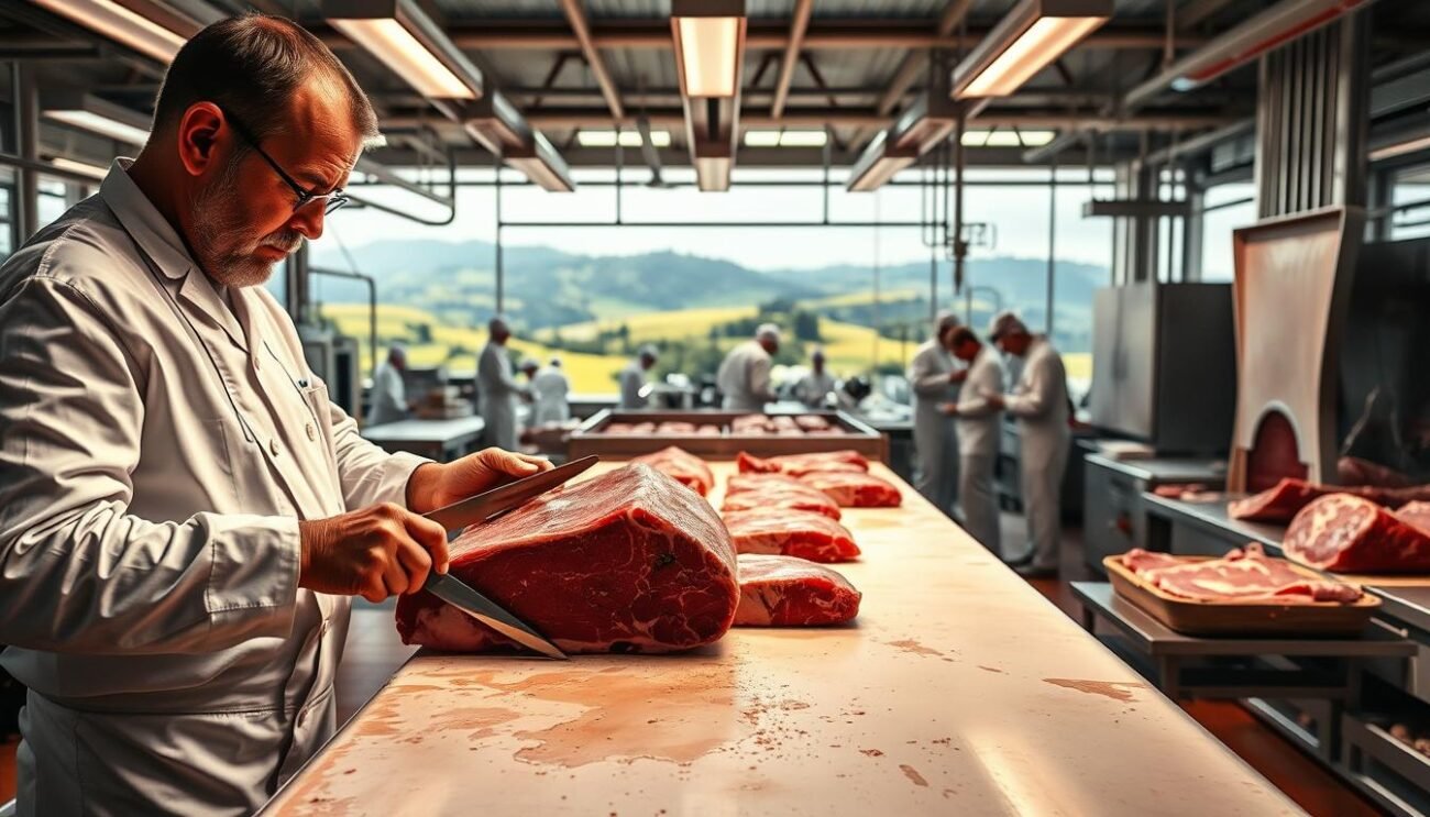 A high-quality meat production facility, showcasing the intricate processes that contribute to the exceptional quality of the final product. In the foreground, a skilled butcher expertly trims and prepares a prime cut of beef, illuminated by warm, natural lighting. The middle ground features a panoramic view of the meticulously maintained processing plant, where workers in crisp white uniforms carefully oversee each stage of the operation. In the background, glimpses of lush, rolling hills and verdant pastures suggest the source of the superior-grade livestock. The overall atmosphere conveys a sense of pride, craftsmanship, and a deep respect for the art of producing the finest quality Italian meat. A high-quality meat production facility, showcasing the intricate processes that contribute to the exceptional quality of the final product. In the foreground, a skilled butcher expertly trims and prepares a prime cut of beef, illuminated by warm, natural lighting. The middle ground features a panoramic view of the meticulously maintained processing plant, where workers in crisp white uniforms carefully oversee each stage of the operation. In the background, glimpses of lush, rolling hills and verdant pastures suggest the source of the superior-grade livestock. The overall atmosphere conveys a sense of pride, craftsmanship, and a deep respect for the art of producing the finest quality Italian meat.