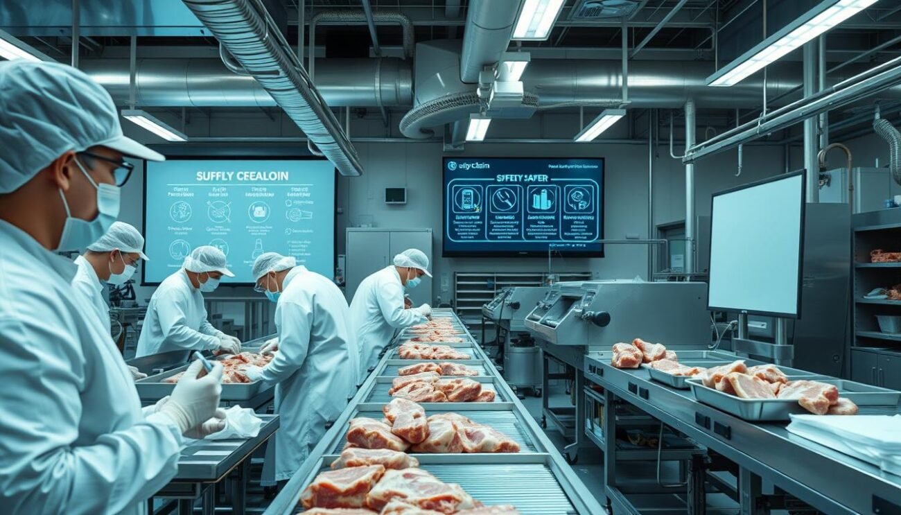 A high-quality, realistic image of a modern food processing facility, showcasing strict safety protocols and traceability measures. The scene depicts a bustling production line, with workers in sterile attire carefully handling meat products. The environment is well-lit, with a focus on stainless steel equipment and clean, organized workspaces. In the background, a projection screen displays detailed information about the supply chain, underscoring the transparency and accountability of the food production process. The overall mood conveys a sense of professionalism, efficiency, and unwavering commitment to consumer safety.