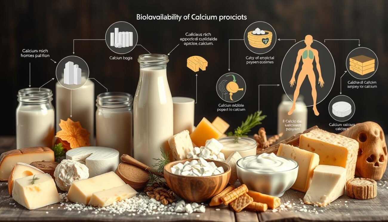 A high-resolution, detailed image depicting the bioavailability of calcium from dairy products. Show a central arrangement of various dairy items like cheese, milk, and yogurt, showcasing their calcium-rich nature. Surround this with an array of graphical elements illustrating the process of calcium absorption and utilization by the human body. Use a warm, earthy color palette reminiscent of classic Italian food imagery. Render the scene with a soft, photorealistic style and natural lighting to convey a sense of authenticity and scientific credibility. Capture the essence of the section title "Il Calcio dai Formaggi: Una Fonte Preziosa" through the composition and visual treatment.