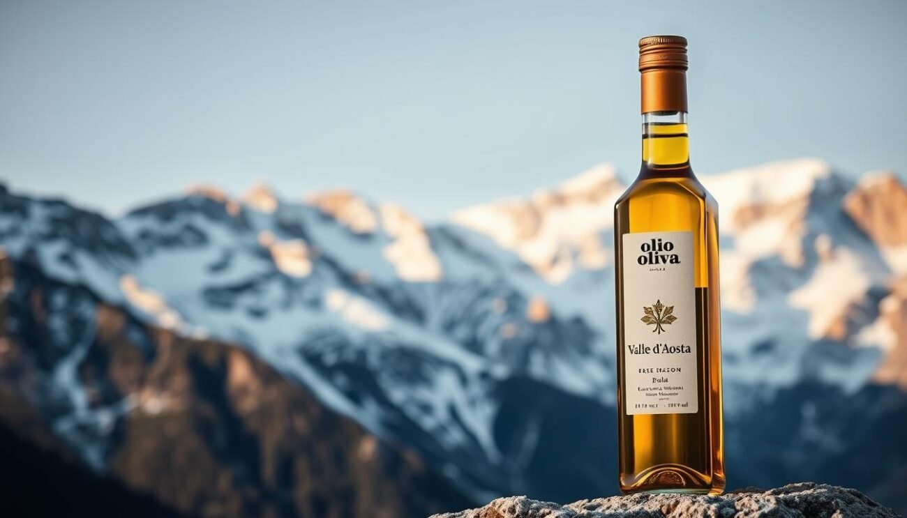 A high-resolution, detailed image of a bottle of "olio di oliva Valle d'Aosta" set against a backdrop of rugged, snow-capped Italian mountain peaks. The bottle is illuminated by soft, natural lighting, highlighting the rich, golden hue of the olive oil. The label features the name and region prominently displayed, conveying the artisanal, high-quality nature of this mountain-grown product. The overall composition emphasizes the contrast between the refined, handcrafted bottle and the majestic, untamed landscape that surrounds it, reflecting the essence of the "Confronto con Altri Oli di Montagna Italiani" section.