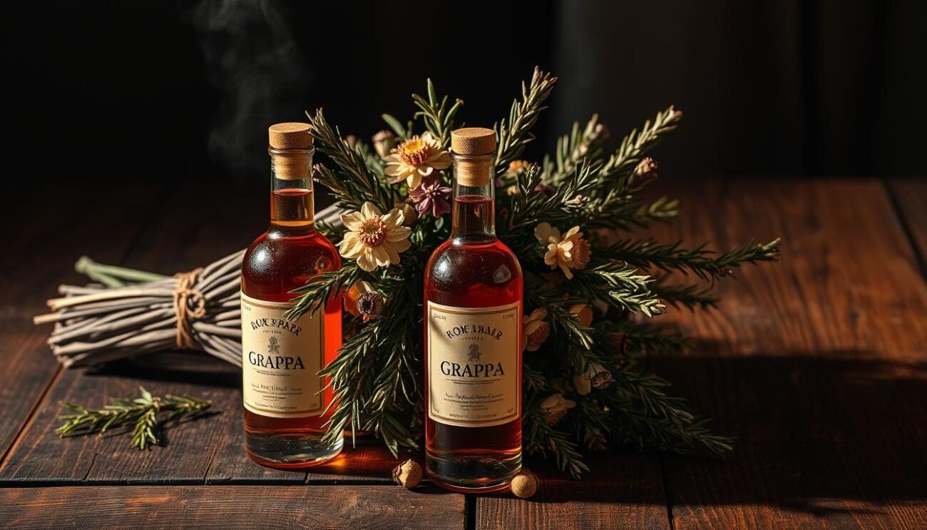 A high-resolution, hyper-detailed photograph of a bouquet of fragrant, smoked grappa. The bouquet is arranged artfully on a dark, rustic wooden surface, casting warm, dramatic shadows. The grappa bottles have a distinct, weathered appearance, reflecting the complex aging process. The aroma of charred rosemary and oak permeates the scene, creating a rich, earthy atmosphere. The lighting is soft and moody, with highlights accentuating the intricate textures of the grappa and the delicate floral accents. The overall composition evokes a sense of refined Italian craftsmanship and the appreciation for the art of distillation.