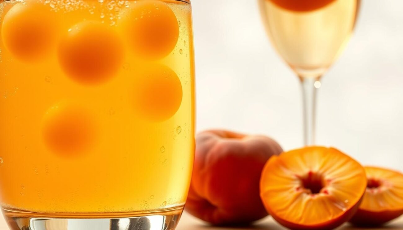 A high-resolution image of sferificazione, a culinary technique featuring spheres of concentrated flavor suspended in a liquid. The foreground depicts a clear glass filled with a vibrant peach liquid, with delicate bubbles rising to the surface. Embedded within the liquid are several translucent peach-colored spheres, glistening under the soft, warm lighting. The middle ground showcases a few freshly plucked peach slices, their velvety texture and golden hues contrasting with the spherical forms. The background features a blurred image of a classic Bellini cocktail, with a flute glass filled with a pale, effervescent liquid topped with a single peach slice, a nod to the Venetian origins of this innovative cocktail.