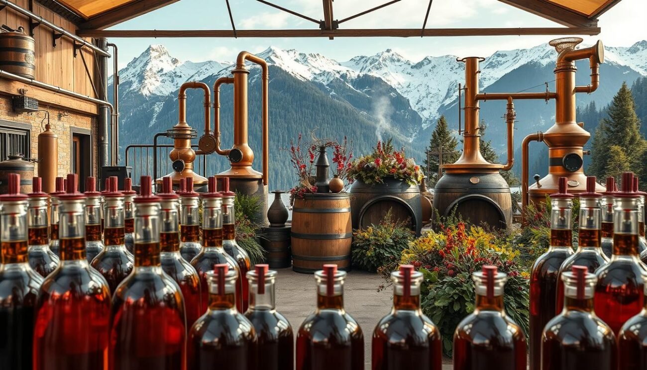 A high-resolution, richly detailed image of a traditional Italian amaro distillery named "Amaro Radici". The scene depicts the production facility, showcasing its rustic, artisanal character. In the foreground, rows of glass bottles filled with the amber-hued amaro liqueur stand prominently, highlighting the craftsmanship of the process. The middle ground features the distillation equipment, including copper stills and wooden barrels, surrounded by an array of alpine botanicals and foliage, alluding to the wild-harvested ingredients. The background reveals the picturesque mountain landscape, with snow-capped peaks and lush, verdant forests, setting the stage for this small-batch, heritage-inspired spirit. The lighting is warm and natural, evoking a sense of timelessness and authenticity.