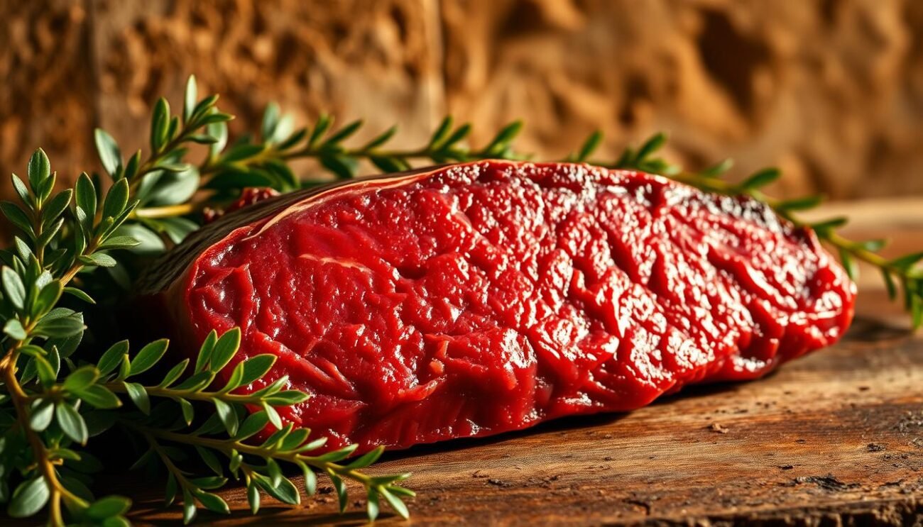 A juicy, succulent slab of rich, crimson-hued carne rossa, glistening with a mouthwatering sheen, set against a rustic, earthy backdrop. Warm, golden lighting casts dramatic shadows, accentuating the tender texture and robust, iron-rich flavor. The camera angles capture the cut's hearty, substantial presence, emphasizing its role as a prime dietary source of essential iron. Lush, verdant foliage and weathered, textured surfaces in the foreground and middle ground provide a complementary, natural setting, evoking the ideal Italian culinary landscape. A juicy, succulent slab of rich, crimson-hued carne rossa, glistening with a mouthwatering sheen, set against a rustic, earthy backdrop. Warm, golden lighting casts dramatic shadows, accentuating the tender texture and robust, iron-rich flavor. The camera angles capture the cut's hearty, substantial presence, emphasizing its role as a prime dietary source of essential iron. Lush, verdant foliage and weathered, textured surfaces in the foreground and middle ground provide a complementary, natural setting, evoking the ideal Italian culinary landscape.