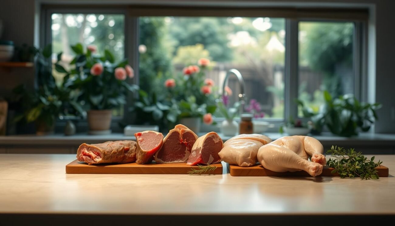 A kitchen counter with various cuts of meat - beef, pork, and chicken - arranged neatly. The lighting is soft and warm, creating a cozy, homely atmosphere. In the background, a lush, verdant garden can be seen through a large window, hinting at the possibility of more sustainable, plant-based alternatives. The image conveys a sense of thoughtfulness and moderation, suggesting ways to balance the consumption of meat with healthier, more environmentally-friendly options. A kitchen counter with various cuts of meat - beef, pork, and chicken - arranged neatly. The lighting is soft and warm, creating a cozy, homely atmosphere. In the background, a lush, verdant garden can be seen through a large window, hinting at the possibility of more sustainable, plant-based alternatives. The image conveys a sense of thoughtfulness and moderation, suggesting ways to balance the consumption of meat with healthier, more environmentally-friendly options.