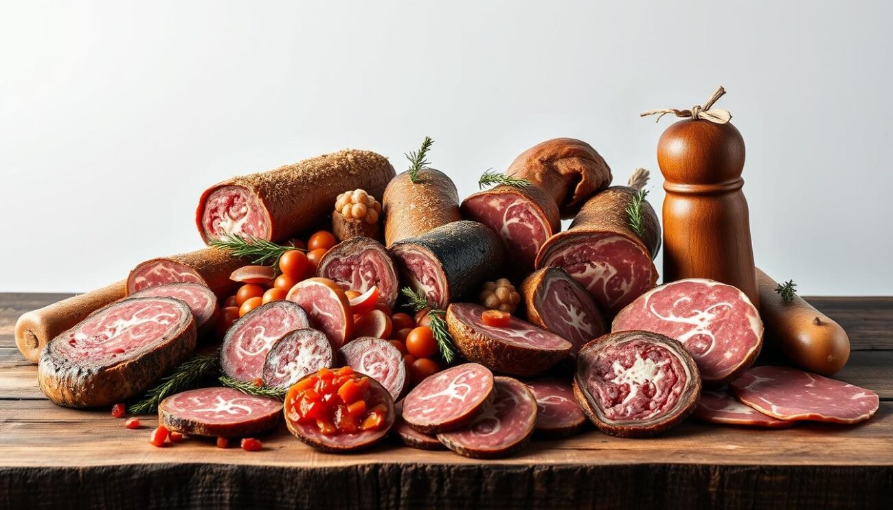 A large, detailed still life image depicting various processed meat products, such as salami, prosciutto, and other cured meats. The composition should be arranged on a rustic wooden surface, with a stark, minimalist background that emphasizes the textures and colors of the meats. The lighting should be natural and soft, casting subtle shadows that accentuate the forms and cuts of the meat. The overall tone should be somber and contemplative, hinting at the potential health risks associated with consuming processed meats. The image should avoid any distracting elements or text, allowing the viewer to focus solely on the subject matter and its implications. A large, detailed still life image depicting various processed meat products, such as salami, prosciutto, and other cured meats. The composition should be arranged on a rustic wooden surface, with a stark, minimalist background that emphasizes the textures and colors of the meats. The lighting should be natural and soft, casting subtle shadows that accentuate the forms and cuts of the meat. The overall tone should be somber and contemplative, hinting at the potential health risks associated with consuming processed meats. The image should avoid any distracting elements or text, allowing the viewer to focus solely on the subject matter and its implications.