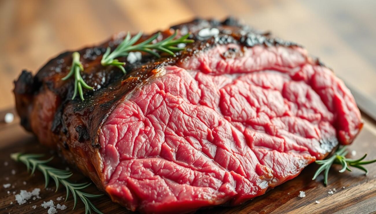 A large, juicy cut of prime rib or porterhouse steak, its rich red hue glimmering under warm, soft lighting. The seared exterior gives way to a tender, pink interior, oozing with savory juices. Displayed on a rustic wooden board, accented by a sprig of fresh rosemary and a sprinkle of coarse sea salt. A simple, elegant composition that captures the essence of "carne rossa" - high-quality, ethically-sourced red meat, prepared with care and respect for the ingredient. A large, juicy cut of prime rib or porterhouse steak, its rich red hue glimmering under warm, soft lighting. The seared exterior gives way to a tender, pink interior, oozing with savory juices. Displayed on a rustic wooden board, accented by a sprig of fresh rosemary and a sprinkle of coarse sea salt. A simple, elegant composition that captures the essence of "carne rossa" - high-quality, ethically-sourced red meat, prepared with care and respect for the ingredient.