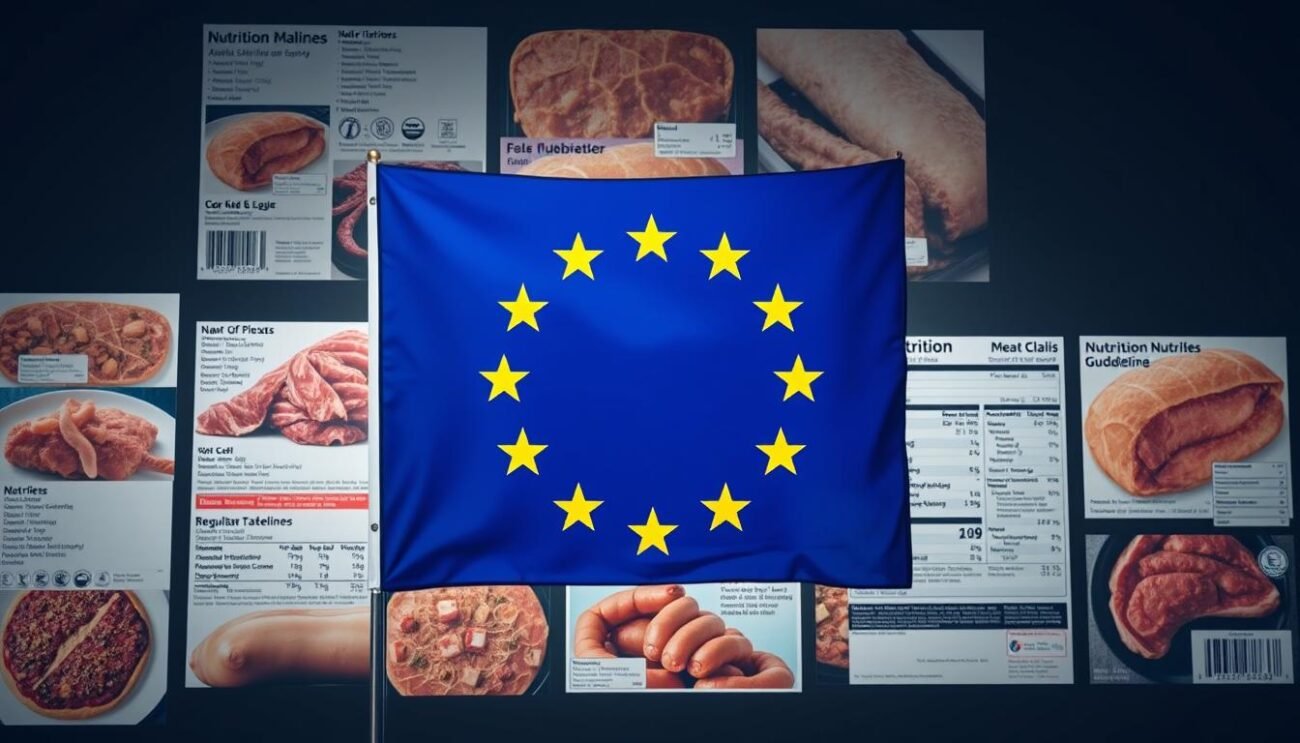 A large, ornate European Union flag occupies the central foreground, its stars gleaming under bright, even lighting. In the background, a collage of authentic meat packaging labels and nutrition information panels, crisp and detailed, convey the regulatory guidelines governing meat labeling across the continent. A subtle gradient fades the scene, creating a sense of depth and emphasizing the authoritative, official nature of the subject matter. The overall mood is one of clarity, transparency and institutional significance, reflecting the importance of meat labeling standards in Europe.