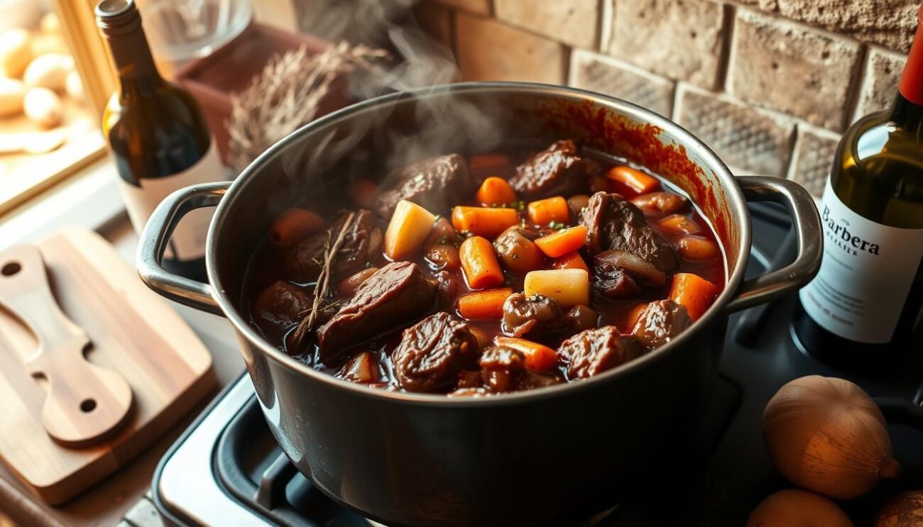A large pot simmering on a rustic stovetop, filled with a rich, burgundy-hued stew. Tender chunks of beef, slowly braised in a Barbera wine sauce, release their savory aroma. Carrots, onions, and garlic mingle with aromatic herbs, creating a depth of flavor. The scene is bathed in a warm, golden light, casting a cozy, homey atmosphere. Rustic wooden cutting boards and a bottle of Barbera wine stand nearby, hinting at the care and attention needed to prepare this classic Piedmontese dish. The viewer is drawn into the anticipation of the final, mouthwatering result.