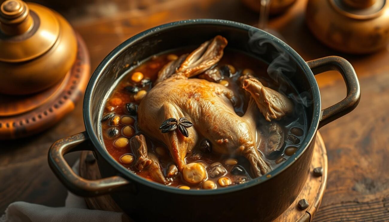 A large, rustic pot simmering on a wooden table, containing a savory braised rabbit stew. The rabbit is tender and falling off the bone, cooked in a rich sauce infused with the fragrant notes of toasted pine nuts and briny Ligurian olives. Wisps of steam rise from the dish, hinting at the aromatic blend of herbs and garlic that season the meal. Warm, golden lighting casts a cozy glow over the scene, creating an inviting atmosphere perfect for a traditional Ligurian cooking presentation.