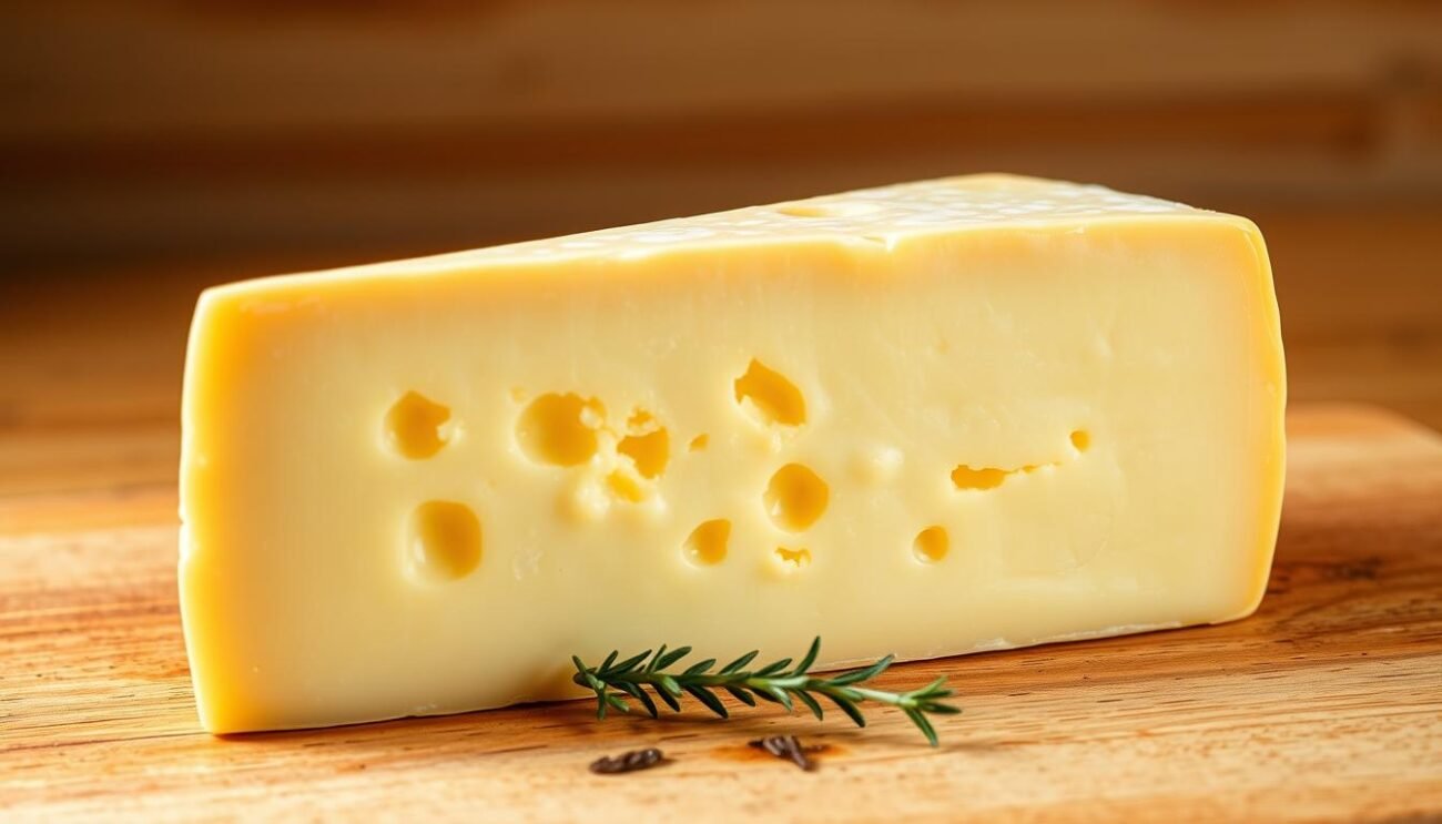 A large wedge of Fontina Valdostana DOP cheese, its distinctive pale yellow rind glistening under warm studio lighting. The cheese's supple, creamy interior is revealed, with small scattered pockets of melted fontina. Placed on a wooden chopping board, the cheese is surrounded by a few sprigs of fresh thyme, adding a subtle herbal accent. The overall composition evokes the rich, rustic flavors of traditional Aosta Valley cuisine, perfectly suited to illustrate the key ingredients for the classic Seupa Vapelenentse soup. A large wedge of Fontina Valdostana DOP cheese, its distinctive pale yellow rind glistening under warm studio lighting. The cheese's supple, creamy interior is revealed, with small scattered pockets of melted fontina. Placed on a wooden chopping board, the cheese is surrounded by a few sprigs of fresh thyme, adding a subtle herbal accent. The overall composition evokes the rich, rustic flavors of traditional Aosta Valley cuisine, perfectly suited to illustrate the key ingredients for the classic Seupa Vapelenentse soup.