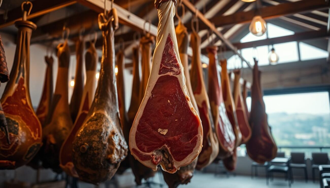 A large, well-lit room with various aging meat cuts hanging from wooden beams. The air is thick with the scent of curing spices and the muted glow of warm incandescent lighting. In the foreground, a central meat cut takes prominence, its surface marked by the delicate interplay of fat and lean, reflecting the careful attention of the seasoning process. In the middle ground, additional cuts are visible, each at a different stage of maturation, showcasing the nuanced and methodical approach to achieving the perfect balance of flavor and texture. The background fades into a softly blurred vista, hinting at the expansive time and space required for the meat's transformation. The overall scene conveys a sense of artisanal craftsmanship, the patience and expertise necessary to cultivate the optimal "tempi di stagionatura della carne".