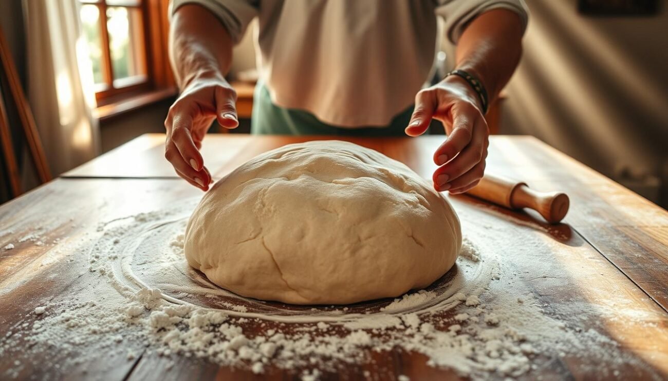 A large wooden table, its surface dusted with flour, serves as the stage for the traditional preparation of gnocco fritto. In the center, an inviting mound of dough rises, its texture a testament to the careful kneading and leavening process. Beams of warm, soft light filter in from a nearby window, casting a golden glow over the scene. Hands, weathered and experienced, gently work the dough, coaxing it into shape, as the aroma of freshly baked bread fills the air. The atmosphere is one of care, tradition, and the comforting embrace of home-cooked delights. A large wooden table, its surface dusted with flour, serves as the stage for the traditional preparation of gnocco fritto. In the center, an inviting mound of dough rises, its texture a testament to the careful kneading and leavening process. Beams of warm, soft light filter in from a nearby window, casting a golden glow over the scene. Hands, weathered and experienced, gently work the dough, coaxing it into shape, as the aroma of freshly baked bread fills the air. The atmosphere is one of care, tradition, and the comforting embrace of home-cooked delights.