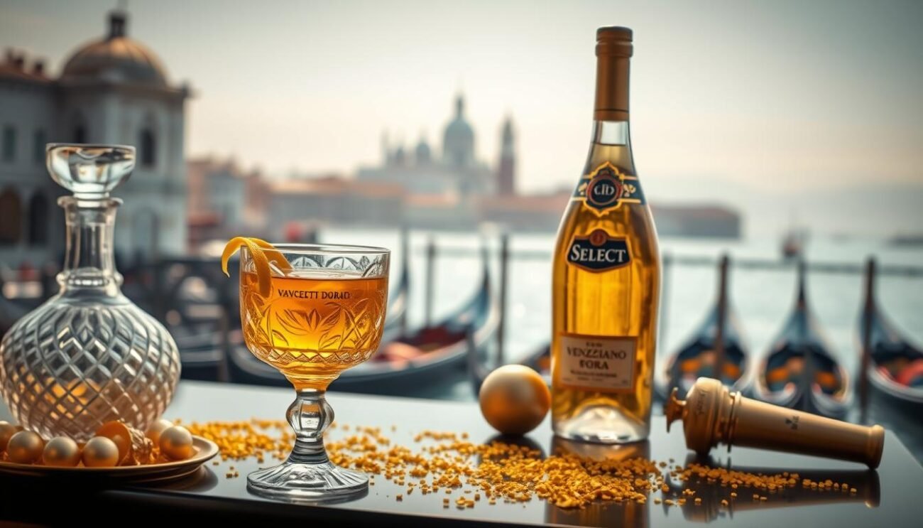 A lavish aperitif scene featuring the iconic "Select Veneziano Dorato" libation. In the foreground, an ornate glass tumbler filled with the golden-hued liqueur, adorned with a twist of lemon zest. Surrounding it, an artful arrangement of Venetian-inspired accoutrements - a crystal-cut decanter of pale, effervescent Prosecco, a scattering of gold dust, and the sleek, sophisticated bottle of Select. The middle ground showcases a stunning Venetian landscape, with the iconic canals and gondolas, ringed by historic architecture bathed in warm, golden light. In the background, a hazy, atmospheric depiction of the Venetian lagoon, with a hint of the Adriatic sea in the distance. The overall mood is one of opulence, refinement, and a distinctly Italian joie de vivre.