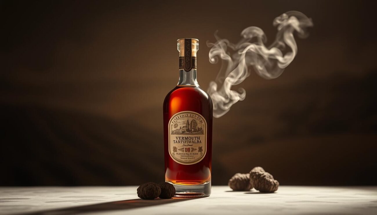 A limited-edition vermouth, Vermouth Tartufo d'Alba, captured in a sophisticated still life. A glass bottle stands elegantly, its label featuring intricate illustrations. Soft lighting casts a warm glow, highlighting the rich, amber-hued vermouth within. Delicate wisps of steam rise from the liquid, hinting at the complexity of the infusion. In the background, a backdrop of muted tones evokes the Italian countryside, where the precious Alba truffles used in the production are sourced. The overall composition exudes a sense of exclusivity and artisanal craftsmanship, befitting the limited run of only 200 numbered bottles. A limited-edition vermouth, Vermouth Tartufo d'Alba, captured in a sophisticated still life. A glass bottle stands elegantly, its label featuring intricate illustrations. Soft lighting casts a warm glow, highlighting the rich, amber-hued vermouth within. Delicate wisps of steam rise from the liquid, hinting at the complexity of the infusion. In the background, a backdrop of muted tones evokes the Italian countryside, where the precious Alba truffles used in the production are sourced. The overall composition exudes a sense of exclusivity and artisanal craftsmanship, befitting the limited run of only 200 numbered bottles.