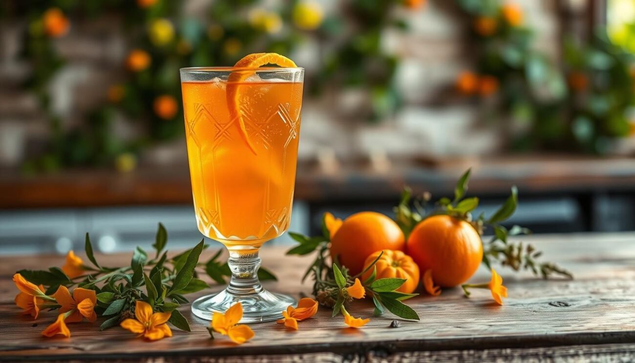 A lovely springtime cocktail scene, bathed in soft, warm lighting. In the foreground, a crystal glass filled with a vibrant, amber-hued liquid, adorned with a delicate twist of orange peel. Surrounding it, a scattering of fragrant orange blossoms and freshly picked herbs, their verdant hues contrasting beautifully. In the middle ground, a weathered, wooden bar top, its surface reflecting the gentle glow. Behind, a wall of lush, verdant greenery, hinting at the invigorating essence of the season. The overall mood is one of rejuvenation, balance, and the enchanting allure of springtime in Italy.