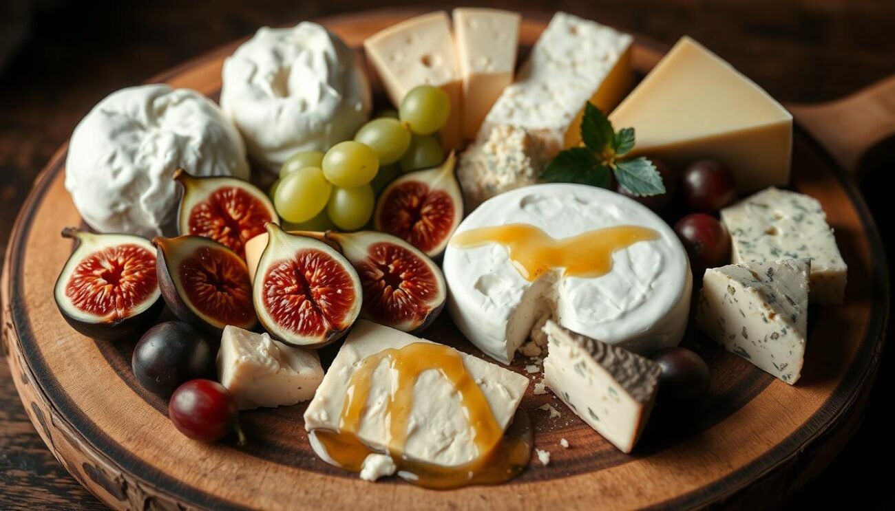 A low-calorie cheese platter arranged artfully on a rustic wooden board. Various types of soft, semi-soft, and hard Italian cheeses, such as mozzarella, ricotta, Parmesan, and gorgonzola, displayed with fresh figs, grapes, and a drizzle of honey. The lighting is natural, soft, and slightly moody, highlighting the textures and colors of the cheeses and accompanying ingredients. The overall composition creates a sense of simplicity and elegance, inviting the viewer to savor a healthier, more mindful cheese experience.
