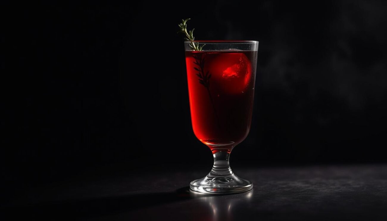 A low-key, moody still life of a glass filled with a deep ruby-colored liquid and a sprig of fresh thyme, set against a dark, shadowy background. The glass is illuminated by a warm, ambient light source, casting a soft, hazy glow on the surface of the drink. The liquor has a subtle, herbal aroma that hints at its complex, bittersweet flavor profile. The overall atmosphere evokes a sense of sophisticated, artisanal craftsmanship, a perfect visual representation of the unique, volcanic-inspired character of Vermouth Vesuvio.