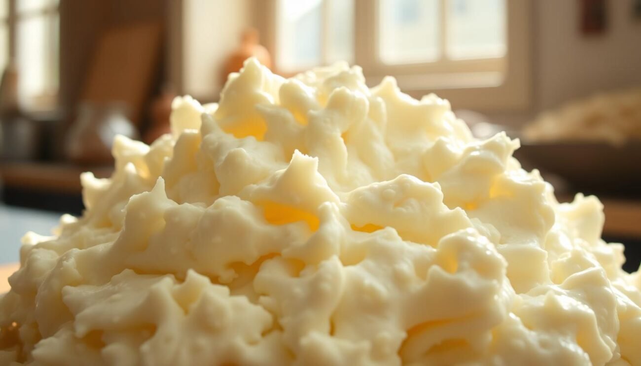 A luscious, creamy pile of fresh ricotta cheese, glistening with tiny beads of moisture. The soft, white curds are delicately layered, creating a pillowy, cloud-like texture. Sunlight filters through a window, casting a warm, golden glow that accentuates the ricotta's natural beauty. The scene is captured with a shallow depth of field, allowing the ricotta to be the clear focal point, while the background softly blurs into an indistinct Italian kitchen setting. The overall mood is one of simplicity, purity, and the celebration of a high-quality, artisanal dairy product.
