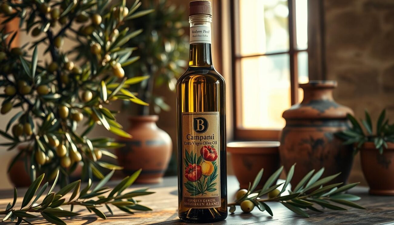 A luscious, glistening bottle of extra virgin olive oil stands tall on a rustic wooden table, surrounded by verdant olive branches and weathered terracotta pots. Warm Mediterranean sunlight filters through the window, casting a golden glow over the scene. The bottle's label boasts a vibrant, hand-painted design, hinting at the rich, complex flavors within. This is the essence of Campania's distinctive olive oil, distilled from the region's sun-kissed hillsides and coastal groves. A symphony of aromas - earthy, peppery, and subtly fruity - beckons the senses, promising a culinary journey through the heart of this storied Italian landscape.