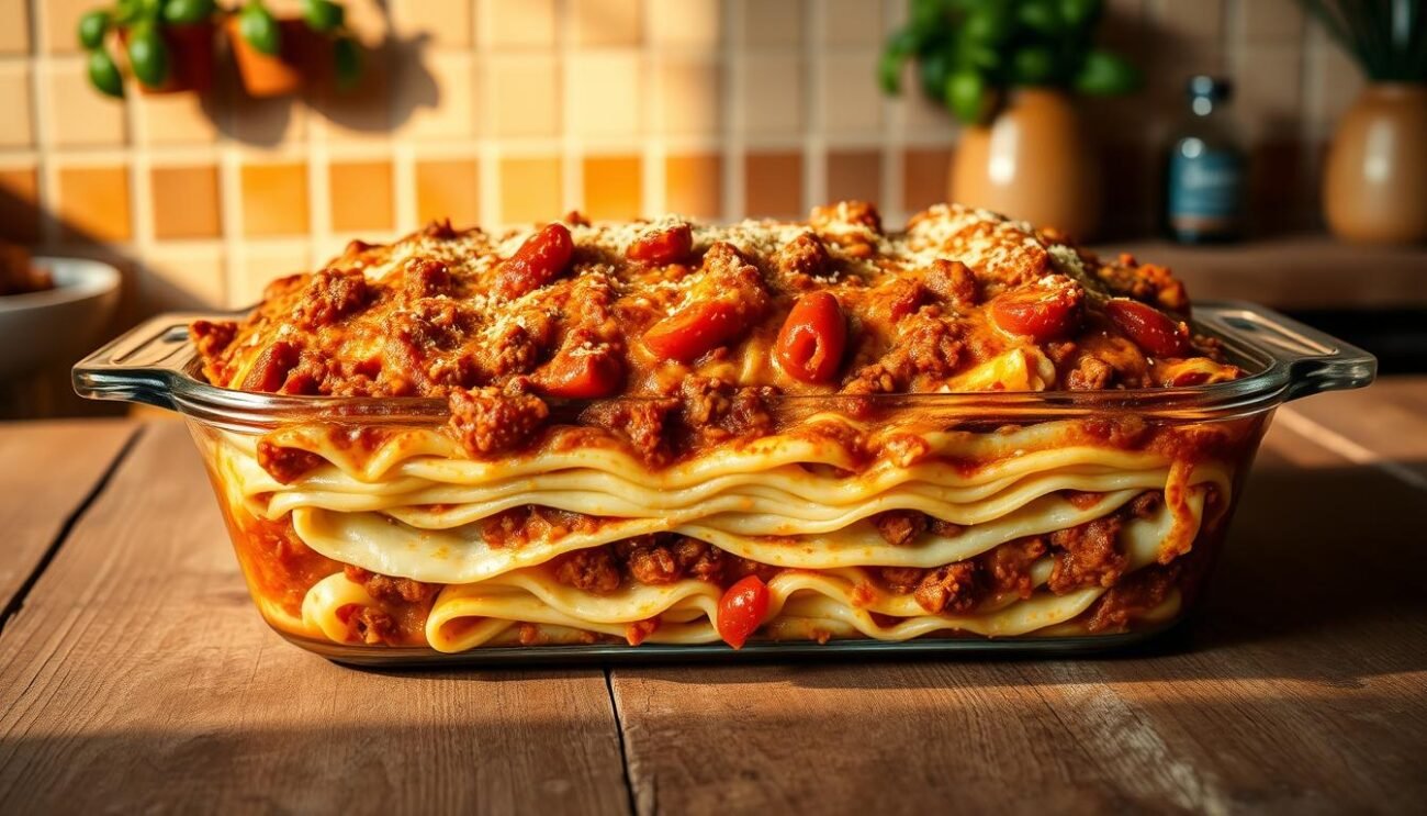 A luscious, homemade lasagne alla bolognese, layered with rich, slow-simmered meat sauce, creamy béchamel, and sheets of fresh, al dente pasta. The sauce is a complex blend of ground beef, pork, tomatoes, aromatic vegetables, and a hint of red wine, simmered to perfection. The casserole dish is placed on a rustic, wooden table, bathed in warm, golden lighting, casting gentle shadows that accentuate the layers and textures. In the background, a simple, minimalist Italian kitchen scene with terracotta tiles, hanging pots, and a vase of fresh basil. The overall atmosphere is cozy, inviting, and authentic, capturing the essence of traditional Emilian cuisine.